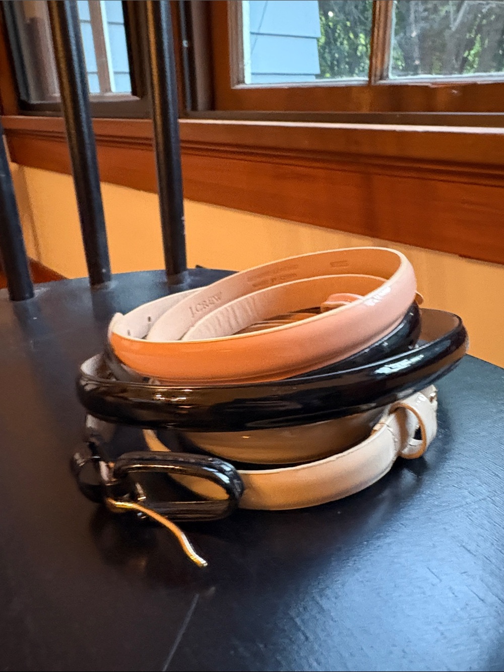 Set of three J. Crew Skinny Leather Belts in Black, Pink, Putty